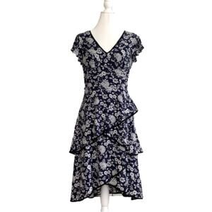 Adrianna Papell Dress Ditsy Navy Ivory Petunia Tiered Cap Sleeve Size 4 NEW